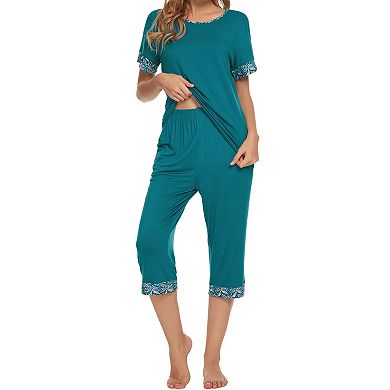 Womens Pajama Set Round Neck with Capri Pants Casual Pjs Lounge Sleepwears