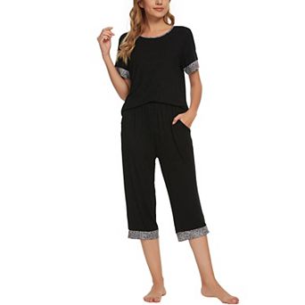 Womens Pajama Set Round Neck with Capri Pants Casual Pjs Lounge Sleepwears