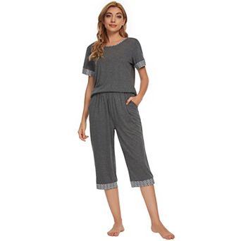 Womens Pajama Set Round Neck with Capri Pants Casual Pjs Lounge Sleepwears