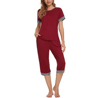 Womens Pajama Set Round Neck with Capri Pants Casual Pjs Lounge Sleepwears