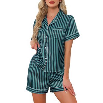 Womens 2 pc Pajama Set Button Down Shirt and Pants Contrast Sleepwear