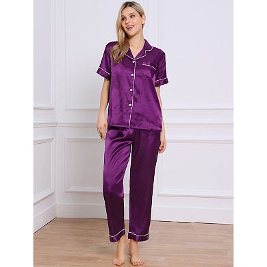 Womens Sleepwear Buton Down with Pants Nightwear Lounge 2pcs Pajama Set