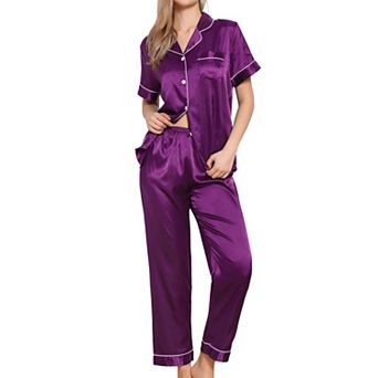 Womens Sleepwear Buton Down With Pants Nightwear Lounge 2 pc Pajama Set