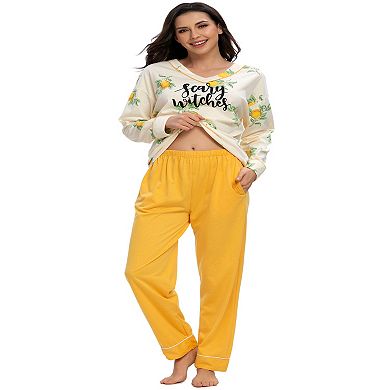 Womens Sleepwear Cute Print V-Neck Nightwear with Pants Loungewear Pajama Set