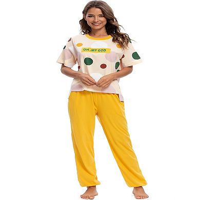 Womens Sleepwear Crew Neck Cute Print with Pants Loungewear Pajama Set