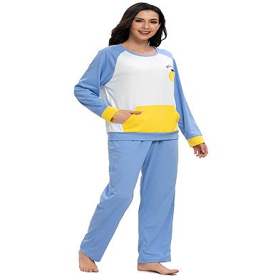 Womens Sleepwear Crew Neck Nightwear with Pants Pockets Loungewear Pajama Set