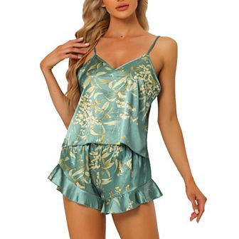 Womens Satin Lounge Floral Cami Tops with Shorts Ruffled Sleepwear Pajamas Sets