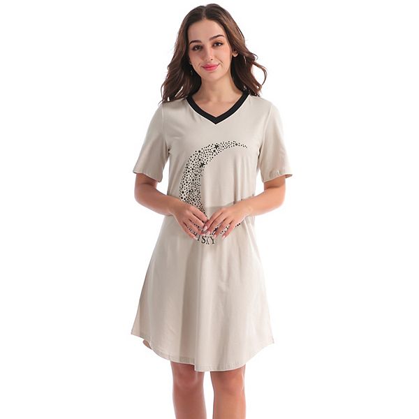 Womens Sleep Shirt Dress Short Sleeve Loungewear Star Print Contrast