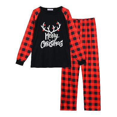 Men's Christmas Deer Pajama Sets Deer Long Sleeves Tee And Plaid Pants Family Loungewear