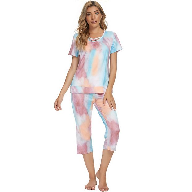 Womens Tie Dye Sleepwear Nightwear Lounge Pjs with Capri Pants Pajama Set