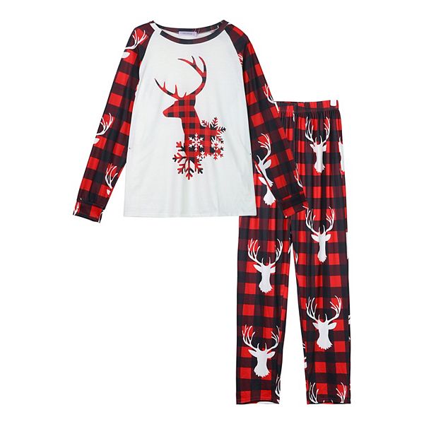 Family Christmas Pajama Sets Women's Deer Long Sleeve Tee and Plaid Pants