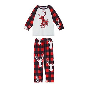 Men's Christmas Deer Long Sleeve Tee and Plaid Pants Pajama Sets
