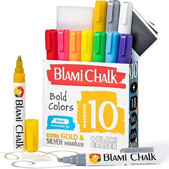 Blami Arts Liquid Chalk Markers, Extra Gold/Silver, 6mm Reversible Tip, Erasing Sponge