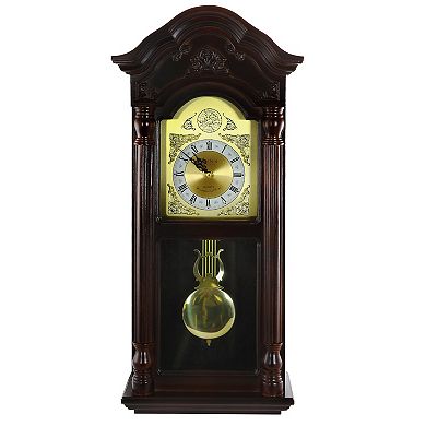 Bedford Clock Collection 25.5 Inch Antique Mahogany Cherry Oak Chiming Wall Clock with Roman Numerals