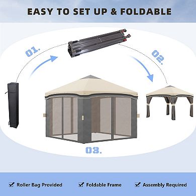 Outsunny 10' x 10' Pop Up Canopy Foldable Party Tent with Nettings, Beige