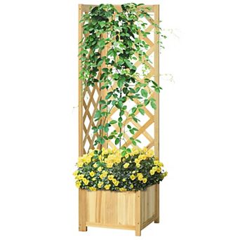 Outsunny Raised Garden Bed, Wooden Planter with Trellis for Vine Climbing