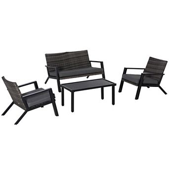 4 pc Outdoor Wicker Patio Furniture Set, Pe Rattan Sofa, 2 Chairs, Table, Black