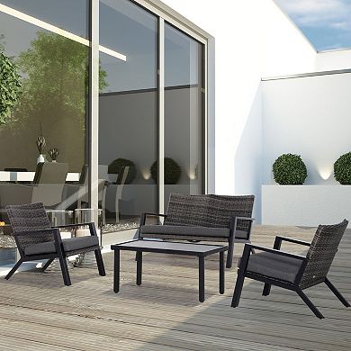 Outsunny 4 Piece Patio Furniture Set, 2 PE Wicker Chairs, Loveseat, Black