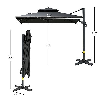 Outsunny 10'x10' Rotating Patio Cantilever Umbrella w/ Double-Tier Canopy, Grey
