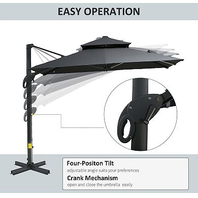 Outsunny 10'x10' Rotating Patio Cantilever Umbrella w/ Double-Tier Canopy, Grey