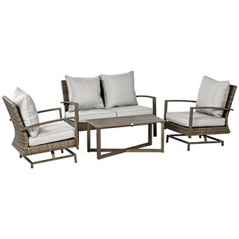Outsunny 4 pc Patio Furniture Set, Rattan Rockers, Loveseat, Table, Gray