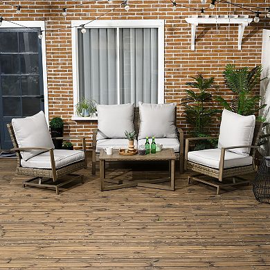 Outsunny 4pc Patio Furniture Set, Rattan Rockers, Loveseat, Table, Gray