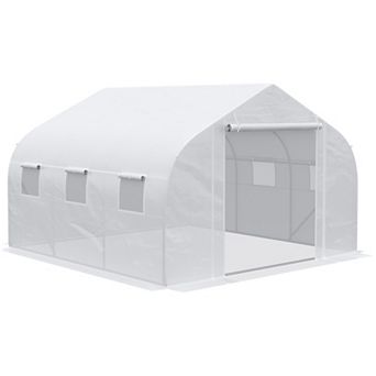 Outsunny 12' x 10' x 7' Outdoor Walk-In Tunnel Greenhouse, Roll-up Windows, White