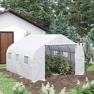 Outsunny 12' x 10' x 7' Outdoor Walk-In Tunnel Greenhouse, Roll-up Windows, White