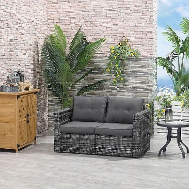 2-piece Outdoor Pe Rattan Wicker Patio Corner Sofa Loveseat W/cushions, Grey