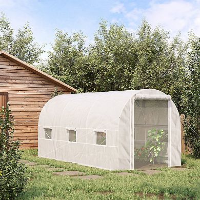 Outsunny Walk-in Tunnel Greenhouse with Roll Up Doors White 15' x 7' x 7'