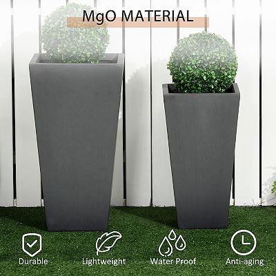 Outsunny 2-Pack MgO Flower Pots with Drainage Holes, Outdoor Planters, Durable & Stackable, for Entryway, Patio, Yard, Garden, Gray