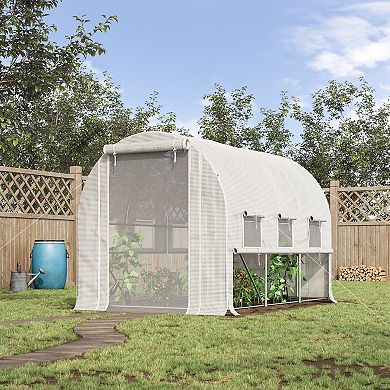 Outsunny 10' x 7' x 7' Walk-in Tunnel Greenhouse, Outdoor Plant Nursery with Anti-Tear PE Cover, Zipper Doors and Mesh Windows, White