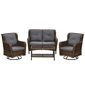 Outsunny 4 pc PE Wicker Patio Furniture Set, Conversation Set with 2 360° Swivel Rocking Armchairs, 1 Loveseat Sofa, Thick Cushions and Glass Table Top Table, Gray