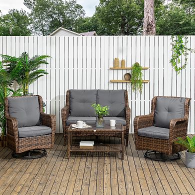Outsunny 4 Piece PE Wicker Patio Furniture Set, Conversation Set with 2 360° Swivel Rocking Armchairs, 1 Loveseat Sofa, Thick Cushions and Glass Table Top Table, Gray