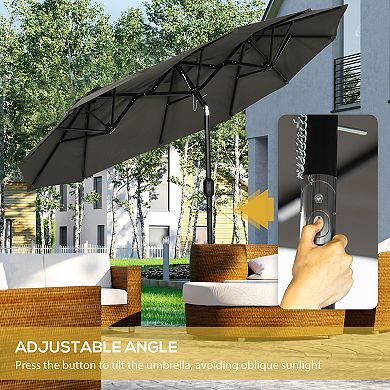 Outsunny Double-sided Patio Umbrella 9.5' Large Outdoor Market Umbrella with Push Button Tilt and Crank, 3 Air Vents and 12 Ribs, for Garden, Deck, Pool, Gray