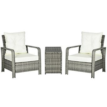 3 pc Pe Rattan Garden Wicker Bistro Set 2 Padded Armchair, Table With Storage