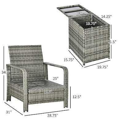 3pc Pe Rattan Garden Wicker Bistro Set 2 Padded Armchair, Table With Storage