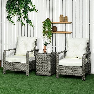 3pc Pe Rattan Garden Wicker Bistro Set 2 Padded Armchair, Table With Storage