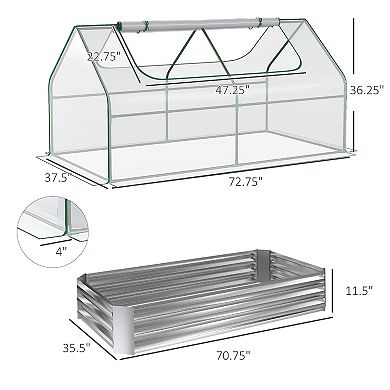 Outsunny Galvanized Raised Garden Bed with Mini Greenhouse Cover, Outdoor Metal Planter Box with 2 Roll-Up Windows for Growing Flowers, Fruits, Vegetables, and Herbs, 73" x 38" x 36", Clear