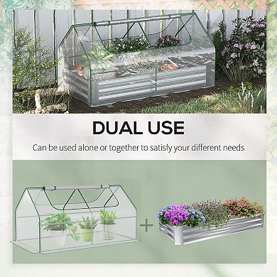 Outsunny Galvanized Raised Garden Bed with Mini Greenhouse Cover, Outdoor Metal Planter Box with 2 Roll-Up Windows for Growing Flowers, Fruits, Vegetables, and Herbs, 73" x 38" x 36", Clear
