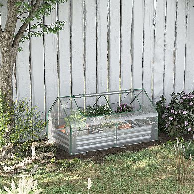 Outsunny Galvanized Raised Garden Bed with Mini Greenhouse Cover, Outdoor Metal Planter Box with 2 Roll-Up Windows for Growing Flowers, Fruits, Vegetables, and Herbs, 73" x 38" x 36", Clear