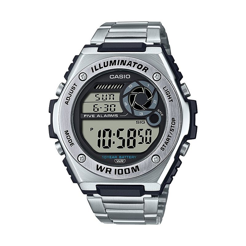 Casio Men's Heavy Duty Illuminator Stainless Steel Bracelet Digital Watch - MWD100H, Size: XL, Silver