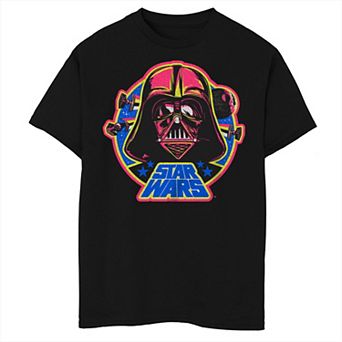 Boys Husky Star Wars Darth Vadar Neon Helmet Death Star Logo Graphic Tee