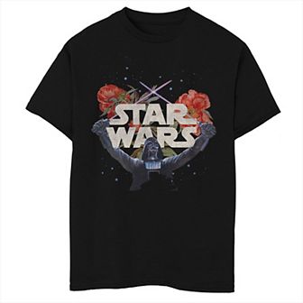 Boys Husky Star Wars Floral Darth Vadar Crossed Light Sabers Graphic Tee