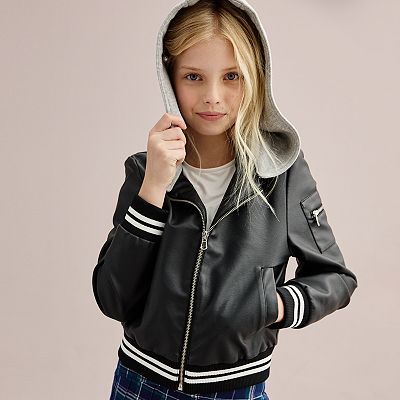 Girls 4 18 SO Faux Leather Bomber Jacket With Removable Fleece Hood