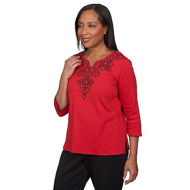 Petite Alfred Dunner Scroll Embroidery Yoke Splitneck Top