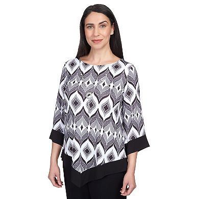 Petite Alfred Dunner Art Deco Biadere Pointed Hem Top