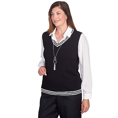 Petite Alfred Dunner Stripe Trim Vest with Attached Collared Top