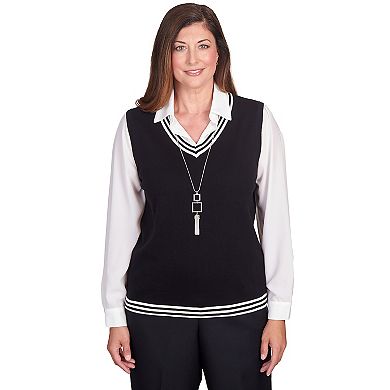 Petite Alfred Dunner Stripe Trim Vest with Attached Collared Top