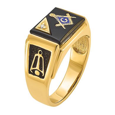 Masonic Collection Men's 14k Gold Black Enamel, Onyx & 1/10 Carat T.W. Diamond Masonic Ring